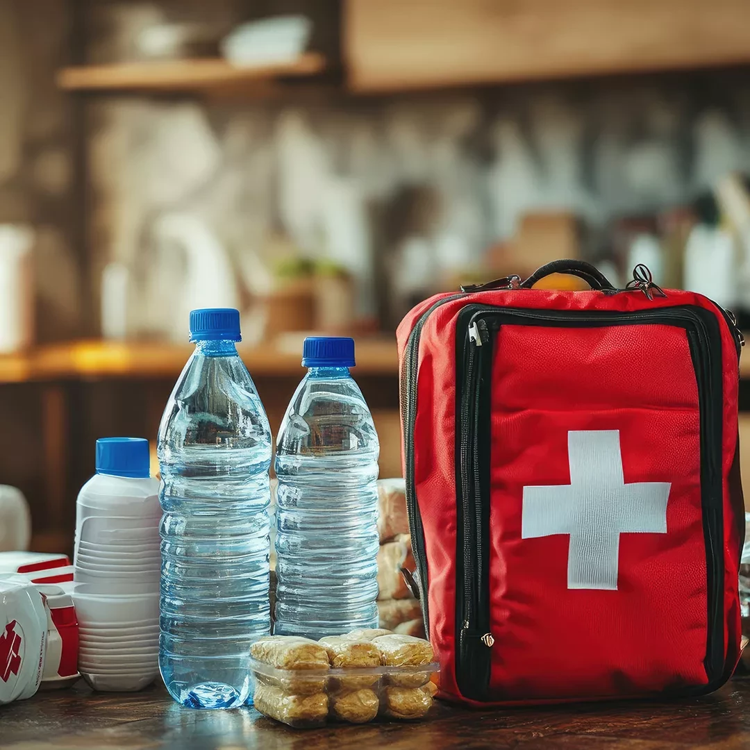 Prep kit with medical supplies, food and water