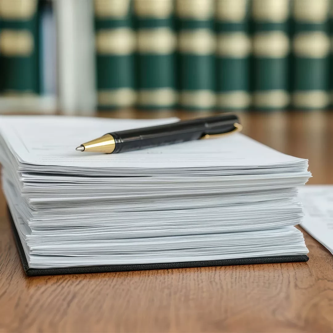 Stack of paper with a pen on top