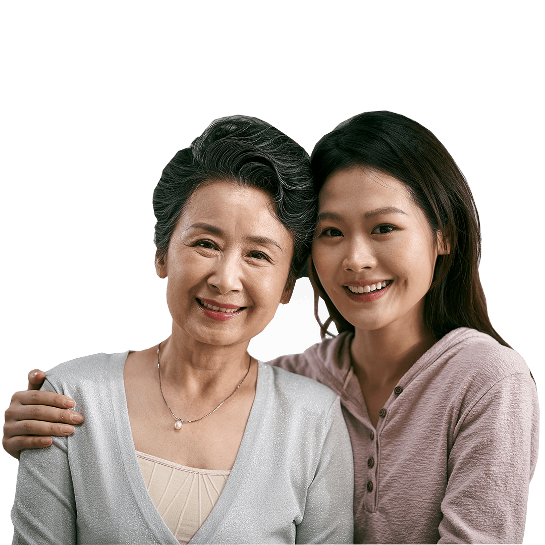 Younger woman with her arm around an older woman