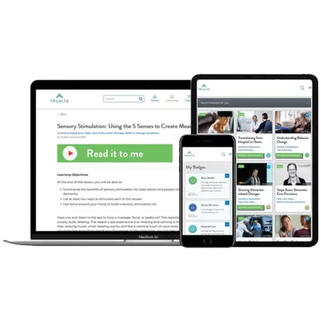 Trualta: Online learning platform displayed on laptop, tablet, and smartphone screens
